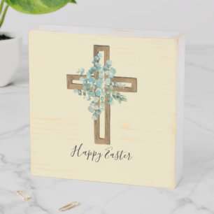 Watercolor Easter Rustic Cross and Eucalyptus Wooden Box Sign