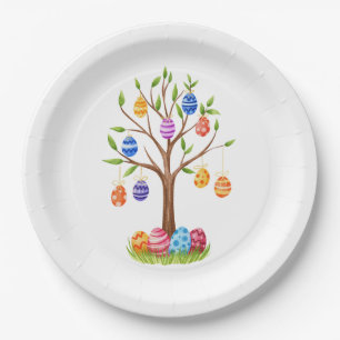 Watercolor Easter Tree with Hanging Decorated Eggs Paper Plates