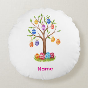 Watercolor Easter Tree with Hanging Decorated Eggs Round Pillow