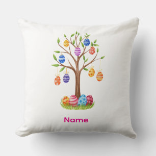 Watercolor Easter Tree with Hanging Decorated Eggs Throw Pillow