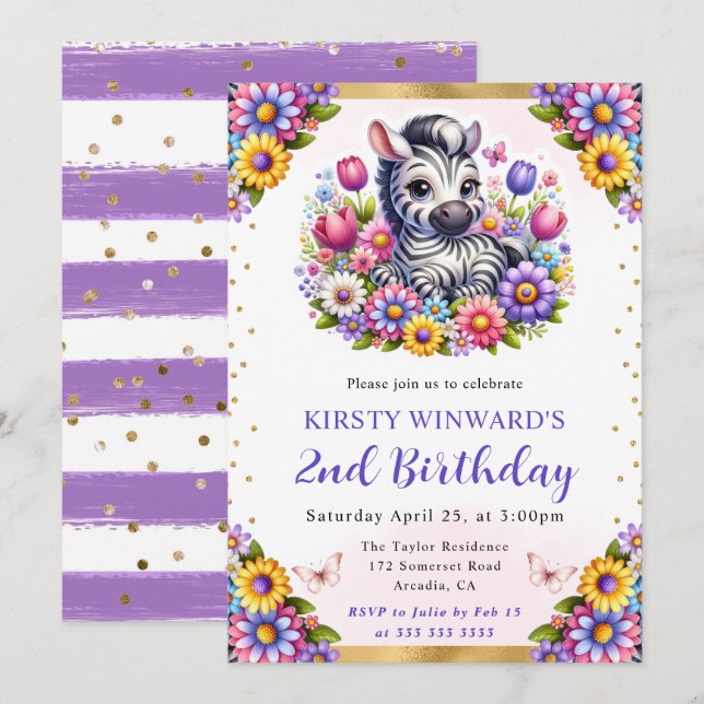Watercolor Easter Zebra & Spring Flowers Birthday Invitation (Front/Back)