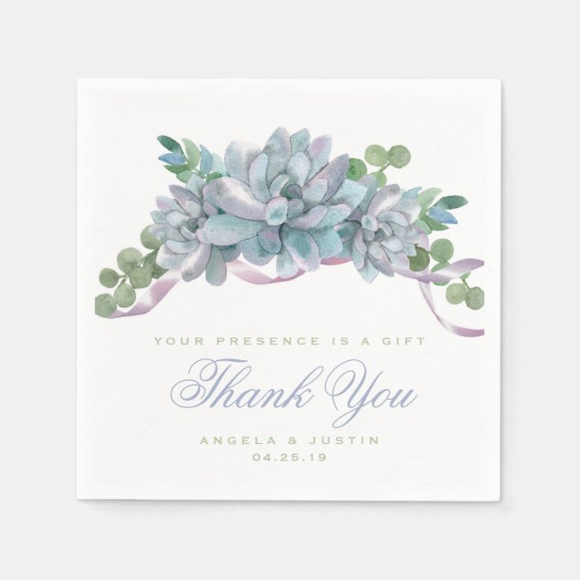 Watercolor Echeveria with Purple Ribbon Napkins (Front)
