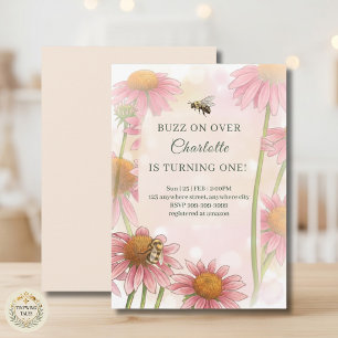 Watercolor Echinacea & Bumblebee 1st Birthday Invitation