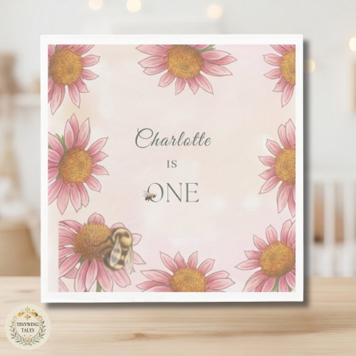 Watercolor Echinacea & Bumblebee 1st Birthday Napkins