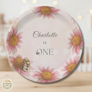Watercolor Echinacea & Bumblebee 1st Birthday Paper Plates
