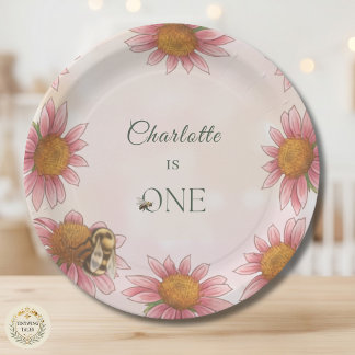 Watercolor Echinacea & Bumblebee 1st Birthday Paper Plates