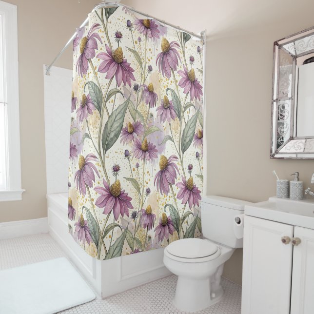 Watercolor Echinacea Purple & Gold Shower Curtain (In Situ)