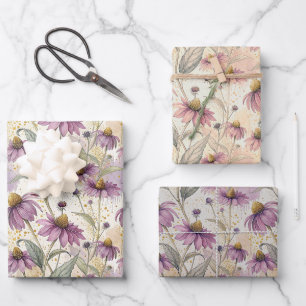 Watercolor Echinacea Purple & Gold Wrapping Paper Sheets