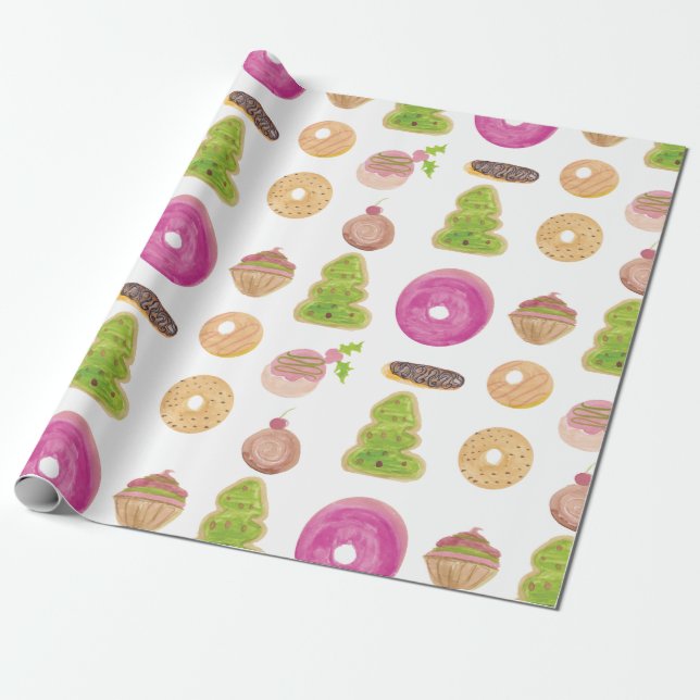 Watercolor Eclairs Donuts Fun Whimiscal Sweet Wrapping Paper (Unrolled)