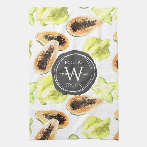 Watercolor Edible Exotic Fruits Monogram Pattern Kitchen Towel