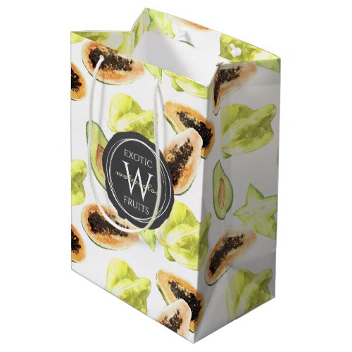 Watercolor Edible Exotic Fruits Monogram Pattern Medium Gift Bag