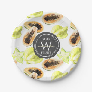 Watercolor Edible Exotic Fruits Monogram Pattern Paper Plates