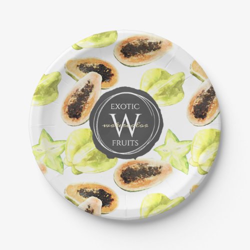 Watercolor Edible Exotic Fruits Monogram Pattern Paper Plates