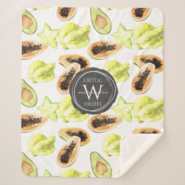Watercolor Edible Exotic Fruits Monogram Pattern Sherpa Blanket (Front)