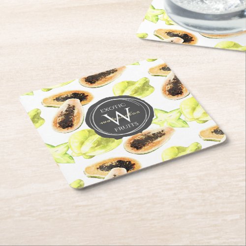 Watercolor Edible Exotic Fruits Monogram Pattern Square Paper Coaster