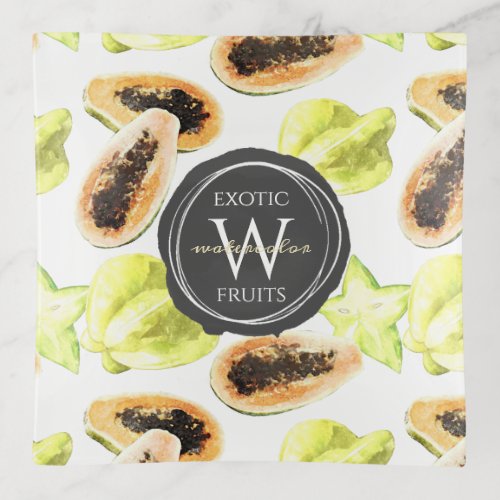 Watercolor Edible Exotic Fruits Monogram Pattern Trinket Tray