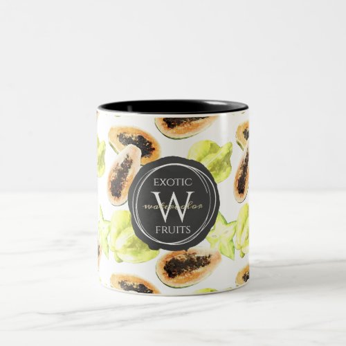 Watercolor Edible Exotic Fruits Monogram Pattern Two_Tone Coffee Mug