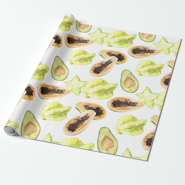 Watercolor Edible Exotic Fruits Monogram Pattern Wrapping Paper (Unrolled)
