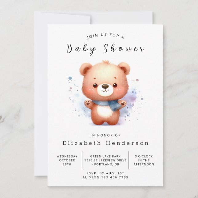 Watercolor Editable Bear Baby Shower Invitation (Front)