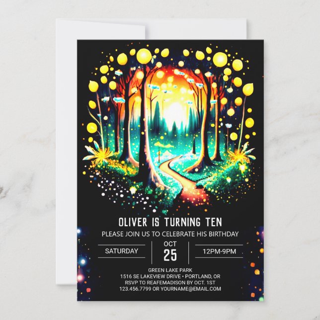 Watercolor Editable Fireflies Birthday Invitation (Front)