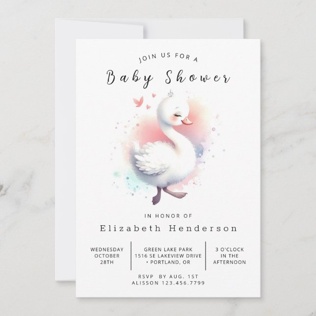 Watercolor Editable Swan Baby Shower Invitation (Front)