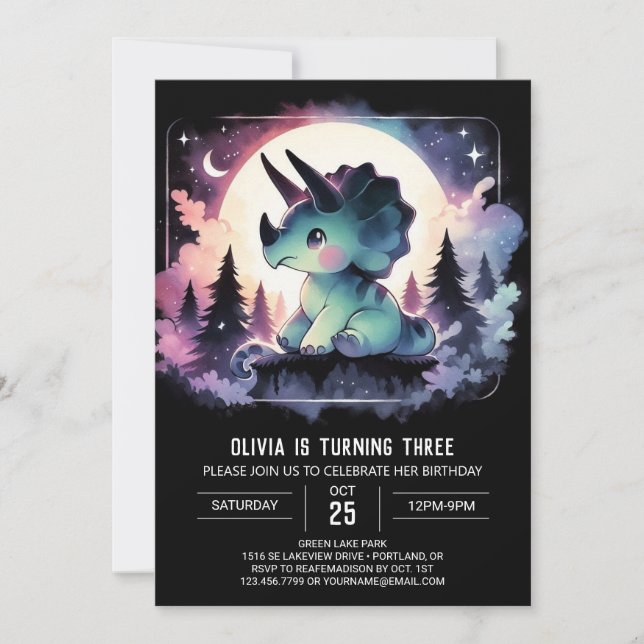 Watercolor Editable Triceratops Birthday Invitation (Front)