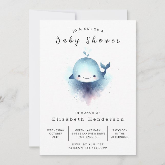 Watercolor Editable Whale Baby Shower Invitation (Front)