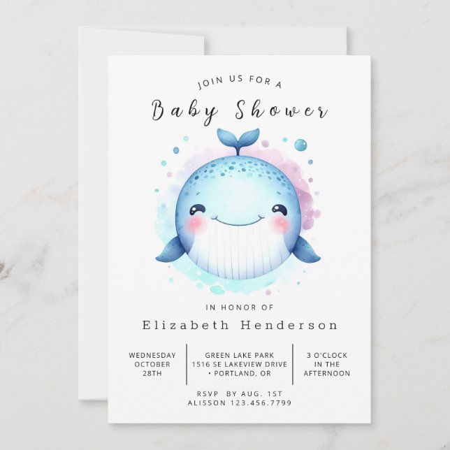 Watercolor Editable Whale Baby Shower Invitation (Front)