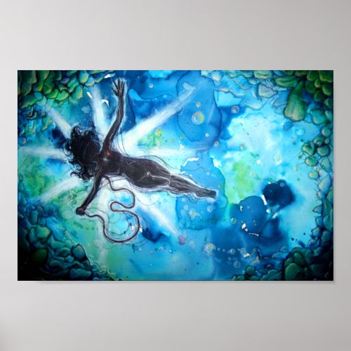 Watercolor Eerie Girl Floating Water Illustration Poster