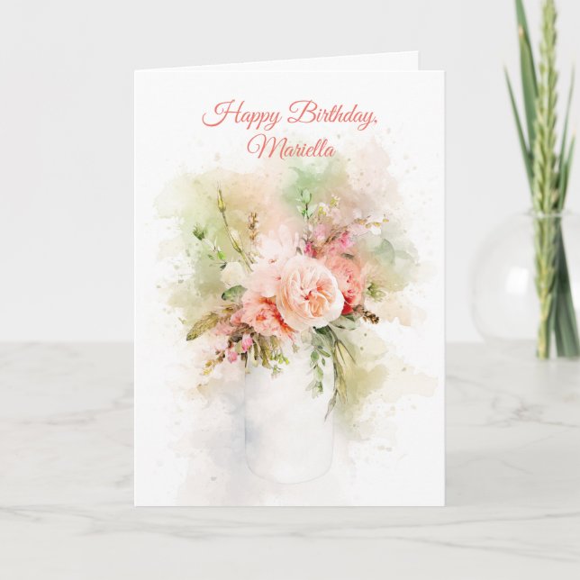 Watercolor Effect Flowers in Vase Birthday  Card (Front)