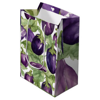 Watercolor Eggplant Garden Botanical Pattern Medium Gift Bag