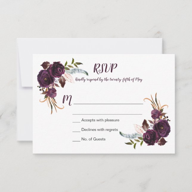 Watercolor Eggplant Purple Roses Floral Boho RSVP Card (Front)