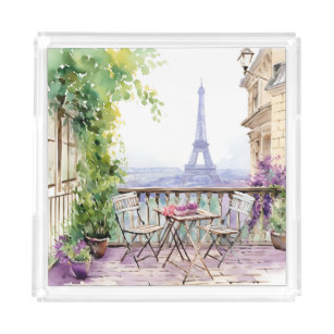 Watercolor Eifel Tower Paris French Cafe Acrylic Tray