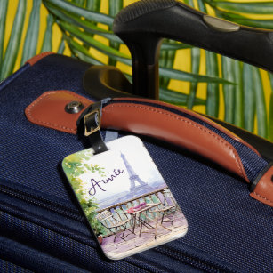Watercolor Eifel Tower Paris French Cafe Name Luggage Tag