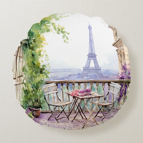 Watercolor Eifel Tower Paris French Cafe Round Pillow