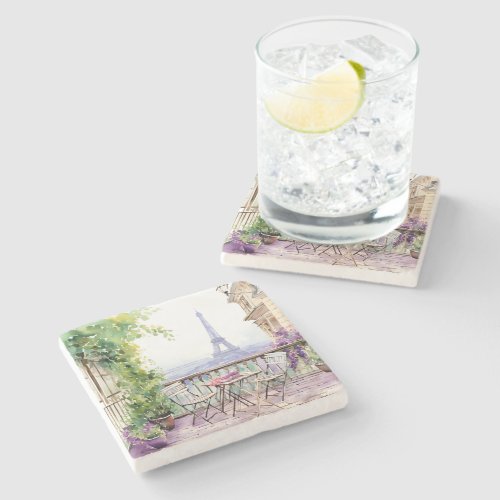 Watercolor Eifel Tower Paris French Cafe Stone Coaster