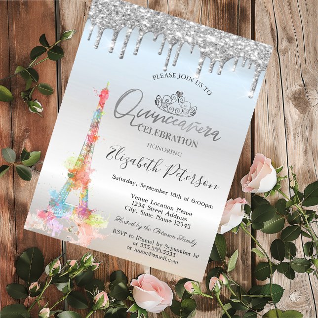 Watercolor Eiffel Tower,Drips Silver Quinceañera Invitation (Creator Uploaded)