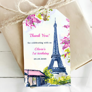 Watercolor Eiffel Tower Paris 1st Birthday Party Gift Tags