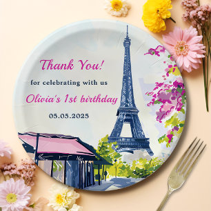 Watercolor Eiffel Tower Paris 1st Birthday Party Paper Plates