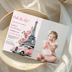 Watercolor Eiffel Tower Paris 2nd Birthday Photo Invitation
