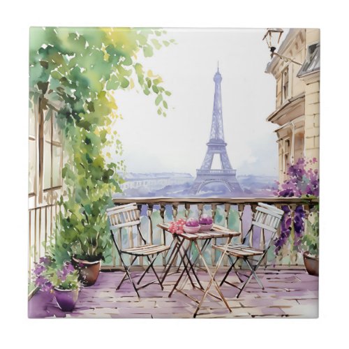 Watercolor Eiffel Tower Paris French Cafe Ceramic Tile