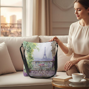 Watercolor Eiffel Tower Paris French Cafe Crossbody Bag