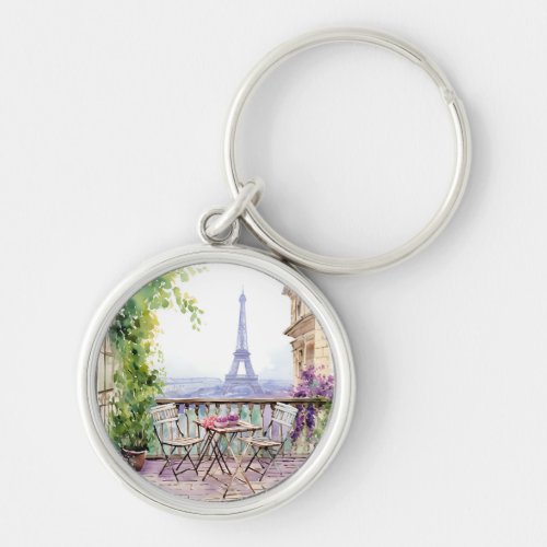 Watercolor Eiffel Tower Paris French Cafe Keychain