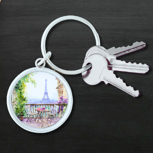 Watercolor Eiffel Tower Paris French Cafe Keychain
