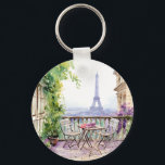 Watercolor Eiffel Tower Paris French Cafe Keychain<br><div class="desc">Watercolor Eiffel Tower Paris French Cafe Keychain features a watercolor french cafe seating area with Paris and the Eiffel Tower in the background. Created by Evco Studio www.zazzle.com/store/evcostudio</div>