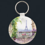 Watercolor Eiffel Tower Paris French Cafe Keychain<br><div class="desc">Watercolor Eiffel Tower Paris French Cafe Keychain features a watercolor french cafe seating area with Paris and the Eiffel Tower in the background. Created by Evco Studio www.zazzle.com/store/evcostudio</div>