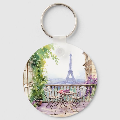 Watercolor Eiffel Tower Paris French Cafe Keychain