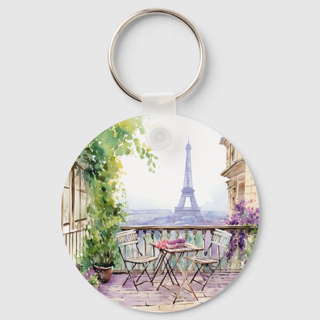 Watercolor Eiffel Tower Paris French Cafe Keychain (Front)