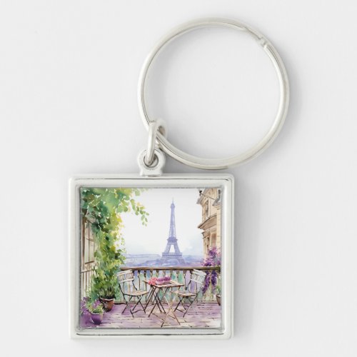 Watercolor Eiffel Tower Paris French Cafe Keychain