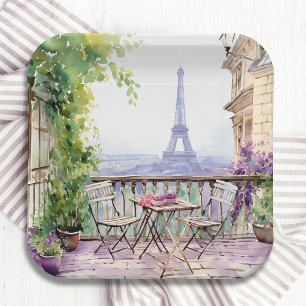 Watercolor Eiffel Tower Paris French Cafe Paper Plates